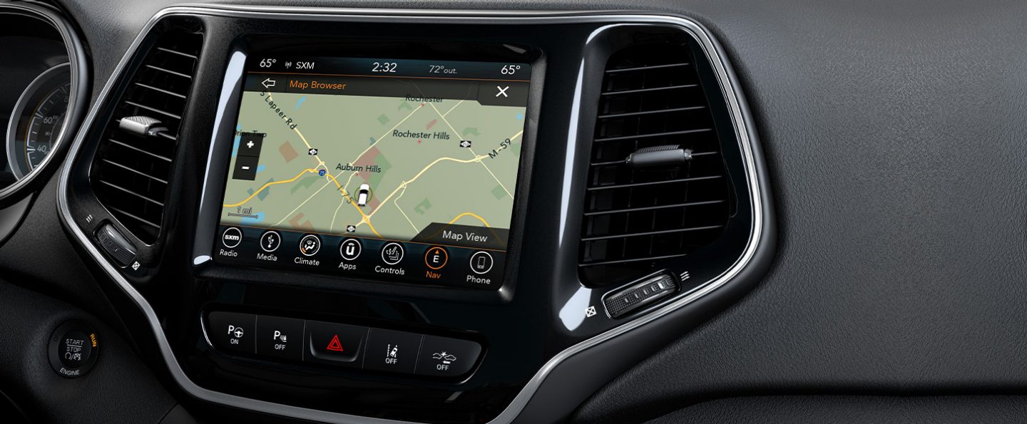 Uconnect touchscreen in the 2020 Jeep Cherokee High Altitude displaying a navigation screen.